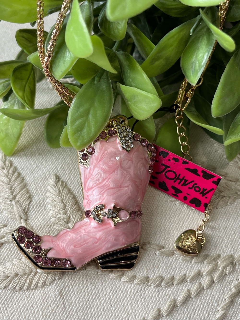 Betsey Johnson Pink Jeweled Cowboy Boot Pendant Necklace ~New~ - Picture 3 of 8